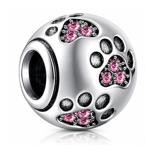 Pink Paw Print Animal Pet Dog Footprint Sterling Silver Charm Hallmarked S925 for Charm Bracelet and Necklace