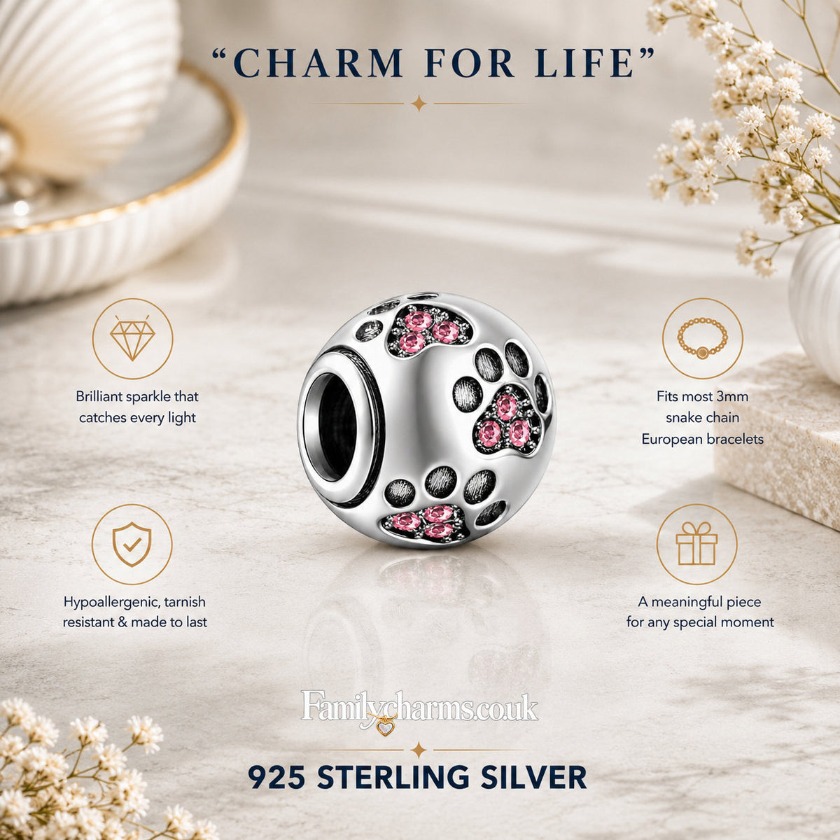 Pink Paw Print Animal Pet Dog Footprint Sterling Silver Charm Hallmarked S925 for Charm Bracelet and Necklace
