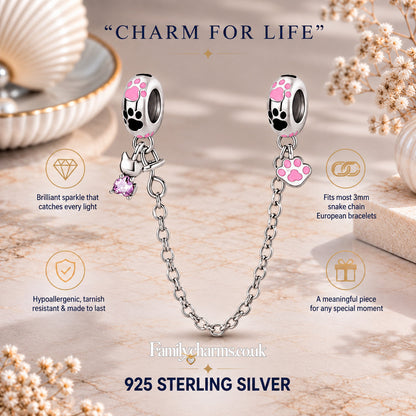 Pink Paw Print Cat Safety Chain Charm Sterling Silver Charm Hallmarked S925 for Charm Bracelet and Necklace