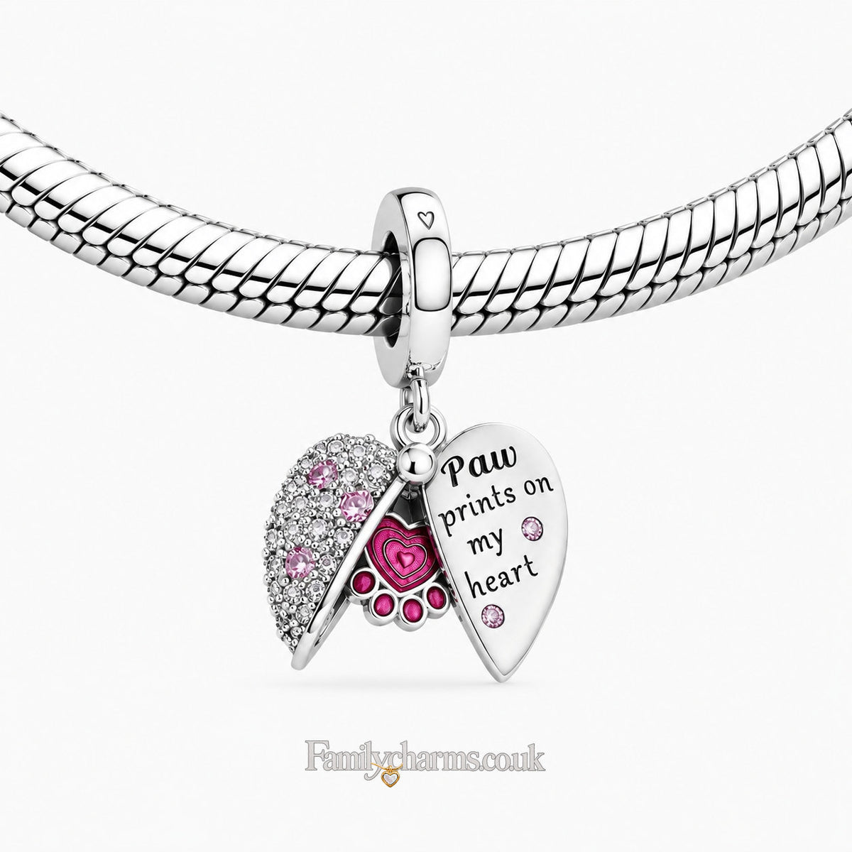 Pink Paw Print Locket Heart Charm Hallmarked S925 for Charm Bracelet and Necklace