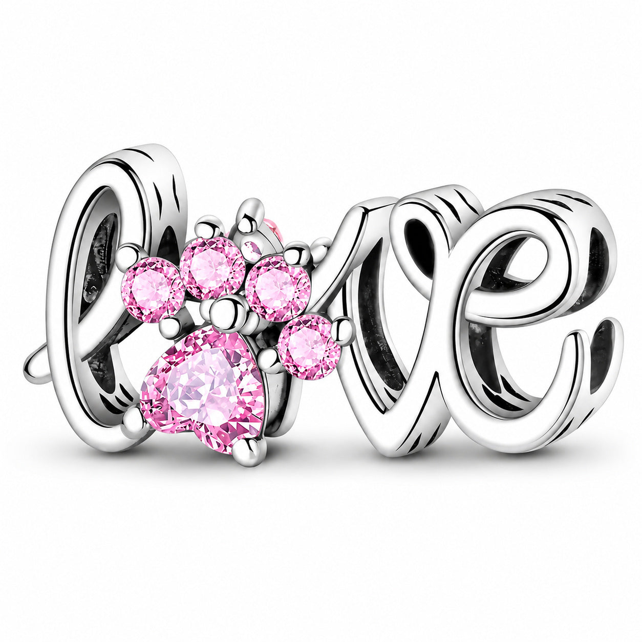 Pink Paw Print Love Script Sterling Silver Charm Hallmarked S925 for Charm Bracelet and Necklace