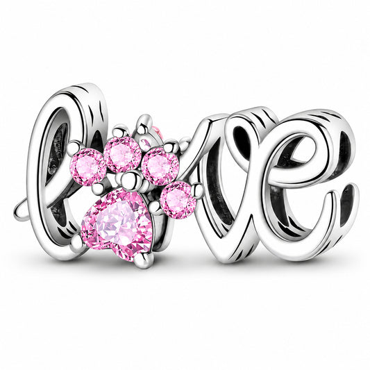 Pink Paw Print Love Script Sterling Silver Charm Hallmarked S925 for Charm Bracelet and Necklace