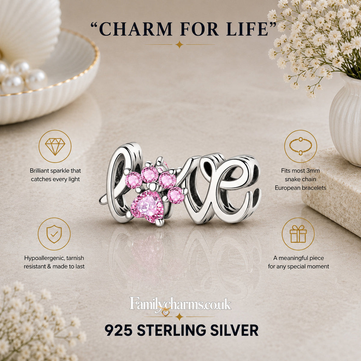 Pink Paw Print Love Script Sterling Silver Charm Hallmarked S925 for Charm Bracelet and Necklace