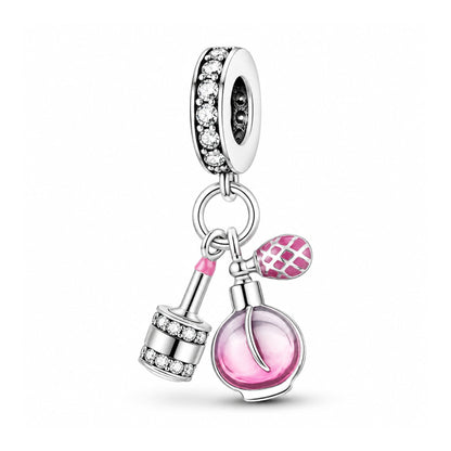 Pink Perfume & Lipstick Sterling Silver Charm Hallmarked S925 for Charm Bracelet and Necklace