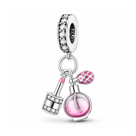 Pink Perfume & Lipstick Sterling Silver Charm Hallmarked S925 for Charm Bracelet and Necklace