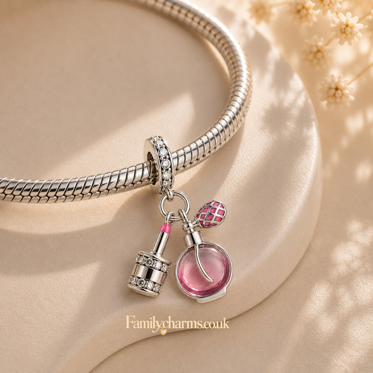 Pink Perfume & Lipstick Sterling Silver Charm Hallmarked S925 for Charm Bracelet and Necklace