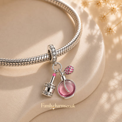 Pink Perfume & Lipstick Sterling Silver Charm Hallmarked S925 for Charm Bracelet and Necklace