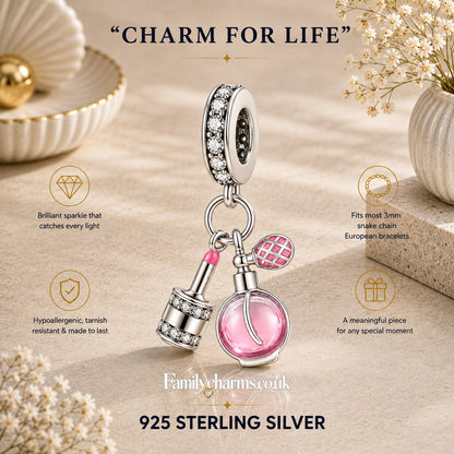 Pink Perfume & Lipstick Sterling Silver Charm Hallmarked S925 for Charm Bracelet and Necklace
