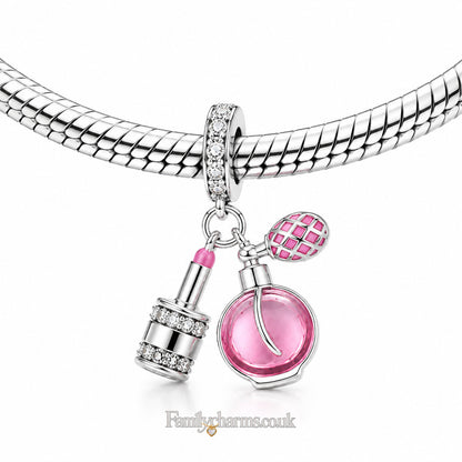 Pink Perfume & Lipstick Sterling Silver Charm Hallmarked S925 for Charm Bracelet and Necklace
