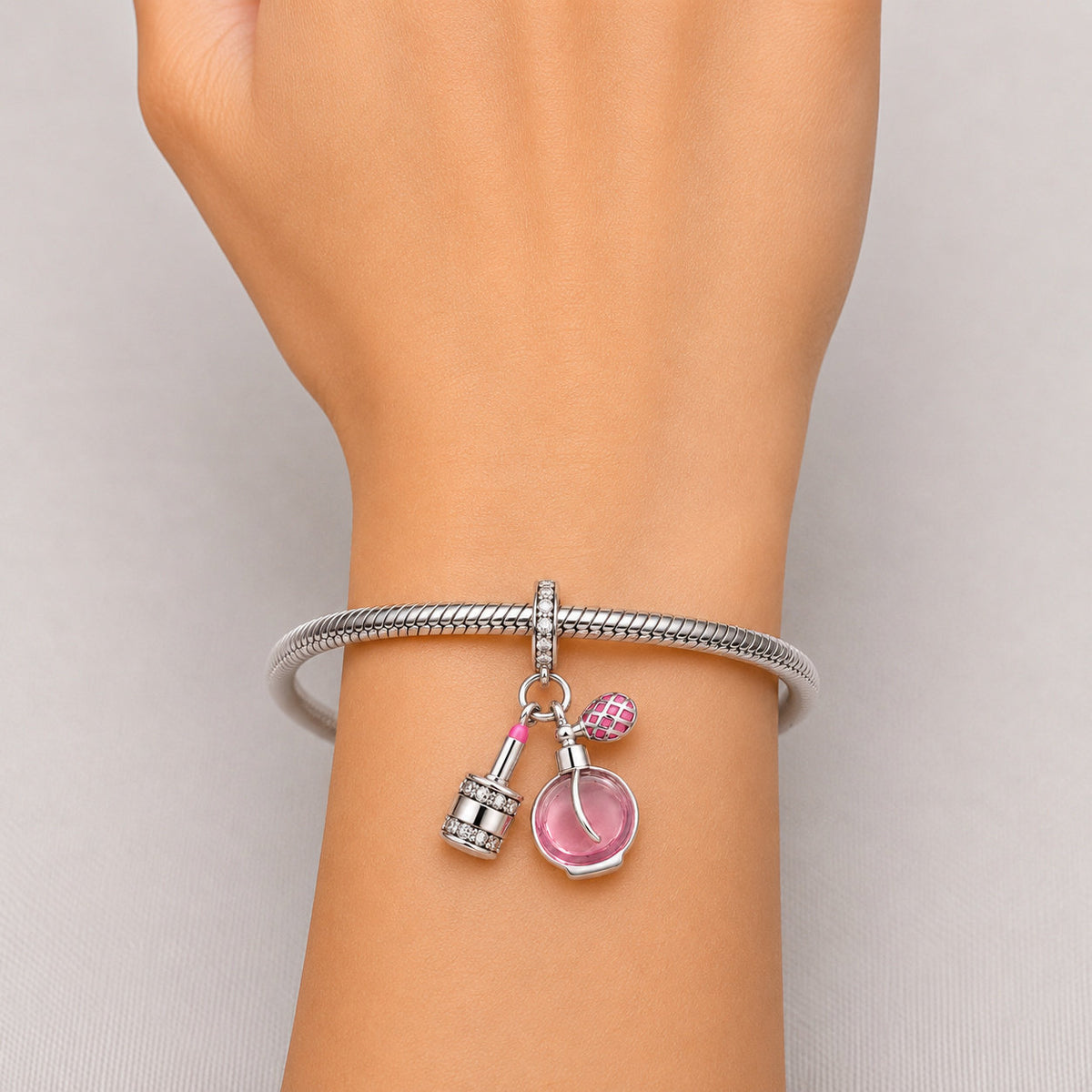 Pink Perfume & Lipstick Sterling Silver Charm Hallmarked S925 for Charm Bracelet and Necklace