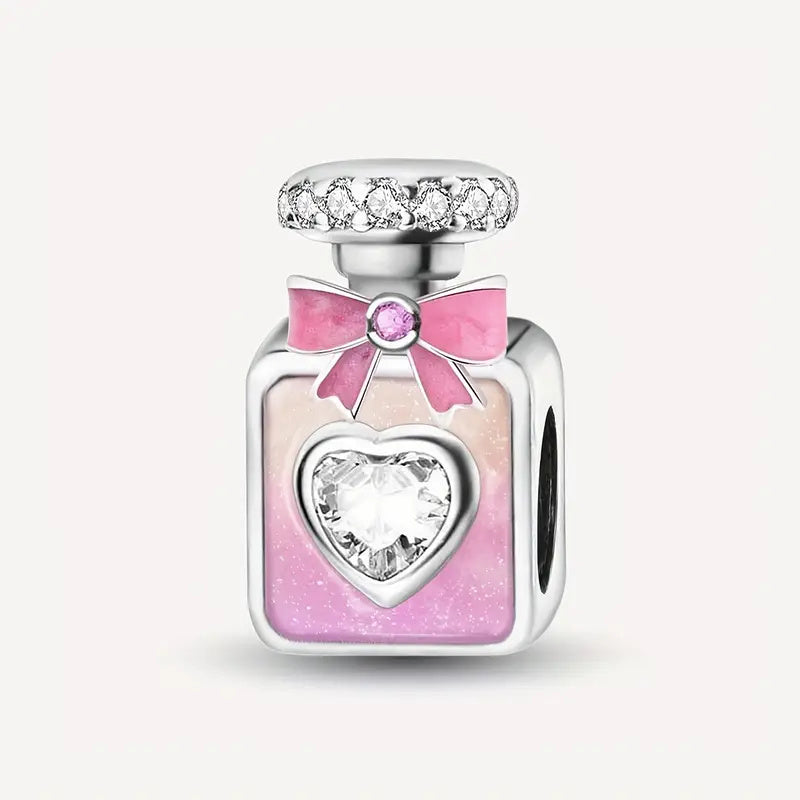Pink & Purple Perfume Bottle With Bow Sterling Silver Charm Hallmarked S925 for Charm Bracelet and Necklace