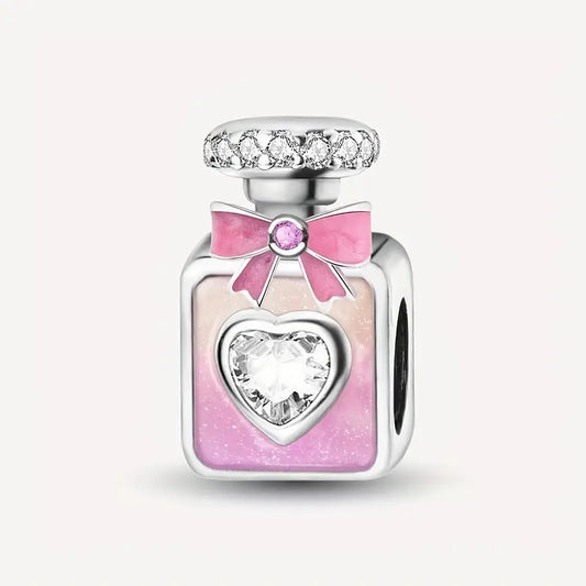 Pink & Purple Perfume Bottle With Bow Sterling Silver Charm Hallmarked S925 for Charm Bracelet and Necklace