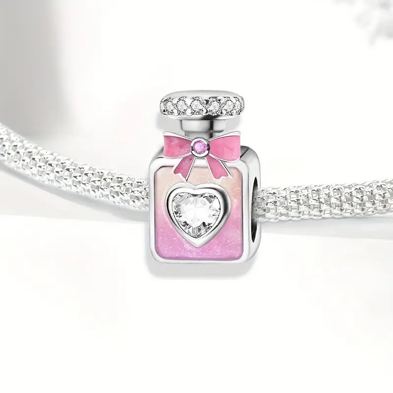 Pink & Purple Perfume Bottle With Bow Sterling Silver Charm Hallmarked S925 for Charm Bracelet and Necklace