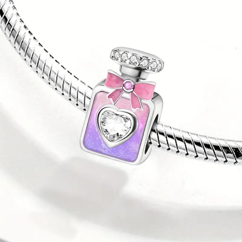 Pink & Purple Perfume Bottle With Bow Sterling Silver Charm Hallmarked S925 for Charm Bracelet and Necklace