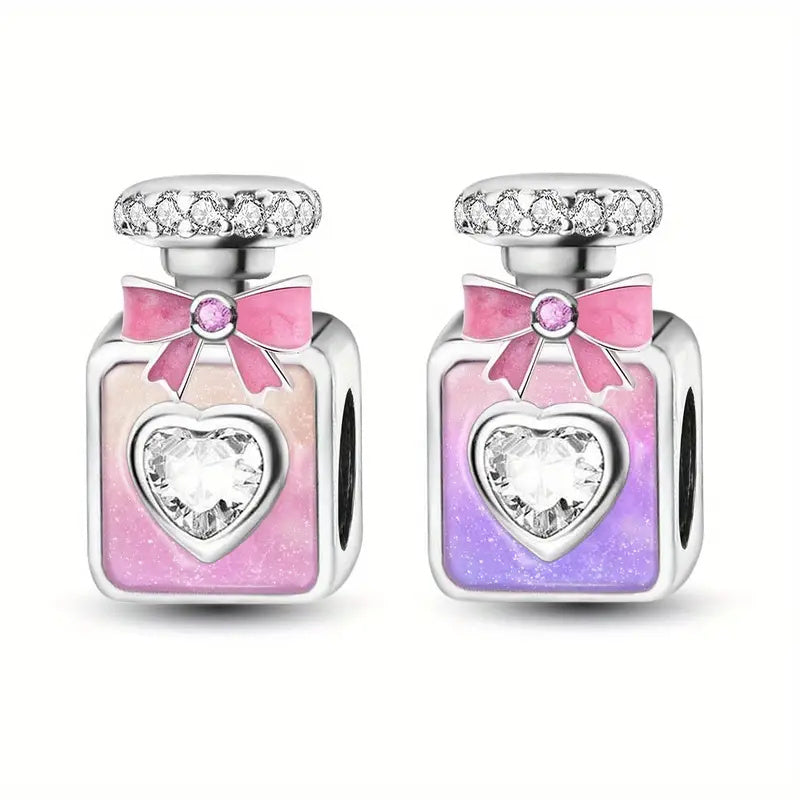Pink & Purple Perfume Bottle With Bow Sterling Silver Charm Hallmarked S925 for Charm Bracelet and Necklace