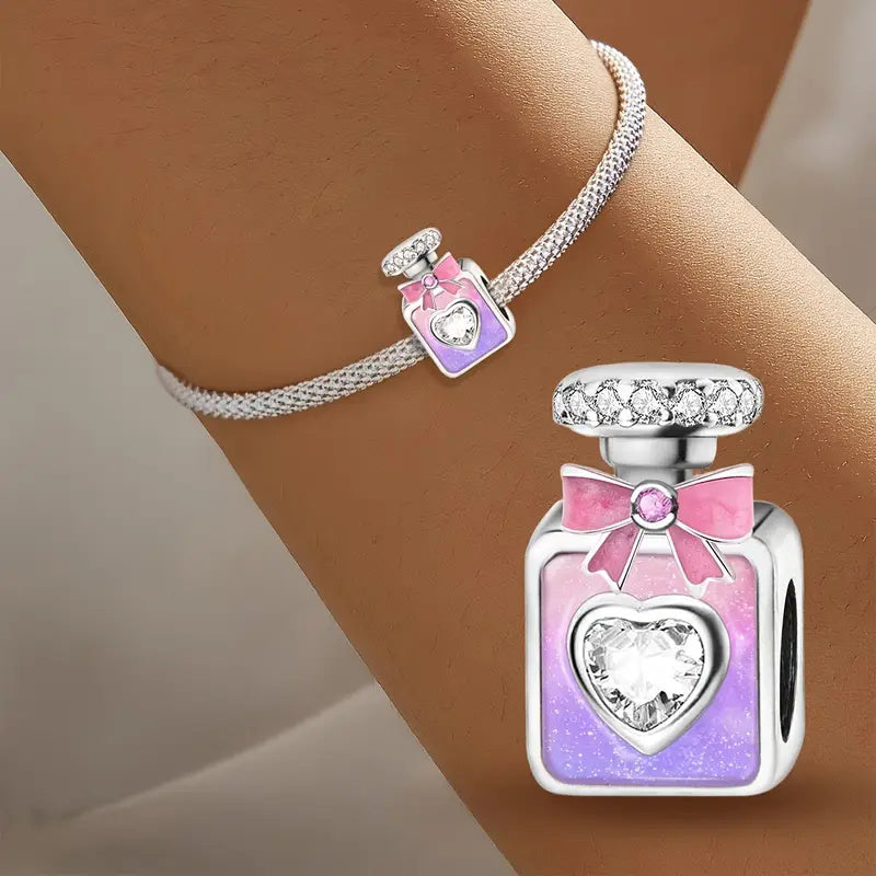 Pink & Purple Perfume Bottle With Bow Sterling Silver Charm Hallmarked S925 for Charm Bracelet and Necklace