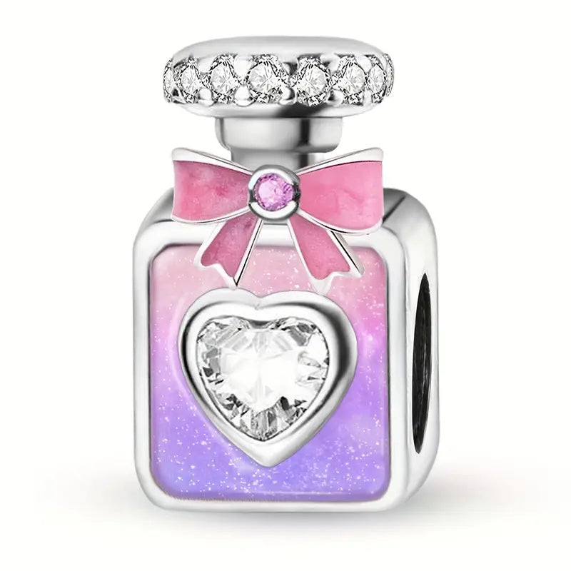 Pink & Purple Perfume Bottle With Bow Sterling Silver Charm Hallmarked S925 for Charm Bracelet and Necklace