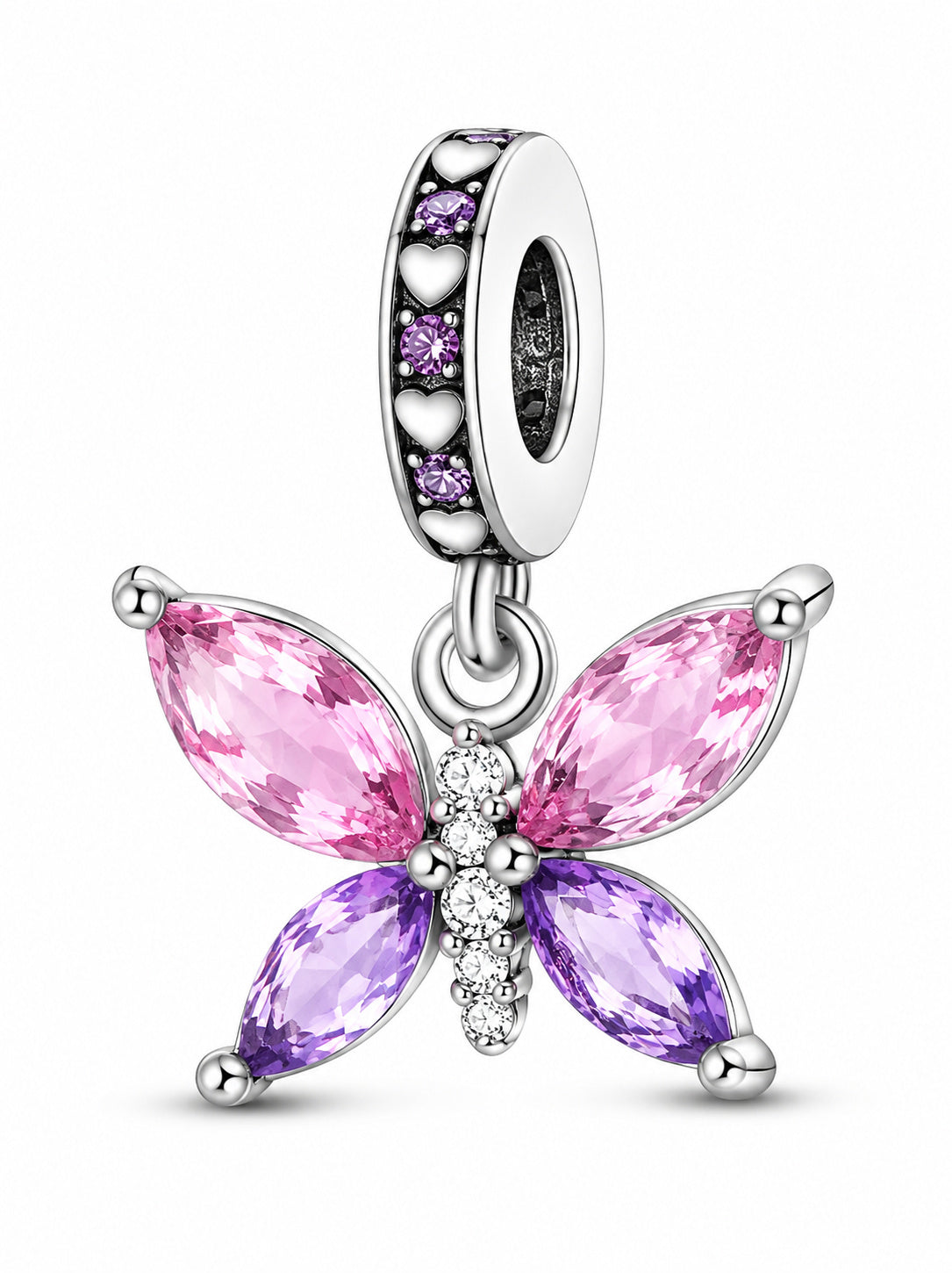 Pink Purple CZ Crystal Butterfly Dangle Sterling Silver Charm Hallmarked S925 for Charm Bracelet and Necklace