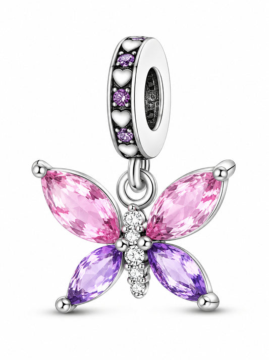 Pink Purple CZ Crystal Butterfly Dangle Sterling Silver Charm Hallmarked S925 for Charm Bracelet and Necklace