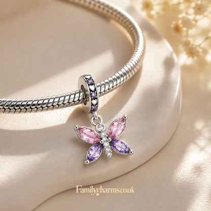 Pink Purple CZ Crystal Butterfly Dangle Sterling Silver Charm Hallmarked S925 for Charm Bracelet and Necklace