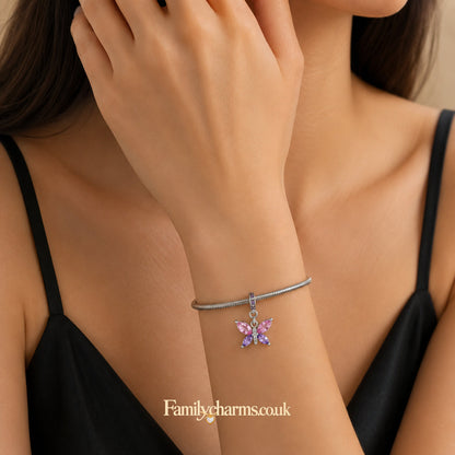 Pink Purple CZ Crystal Butterfly Dangle Sterling Silver Charm Hallmarked S925 for Charm Bracelet and Necklace