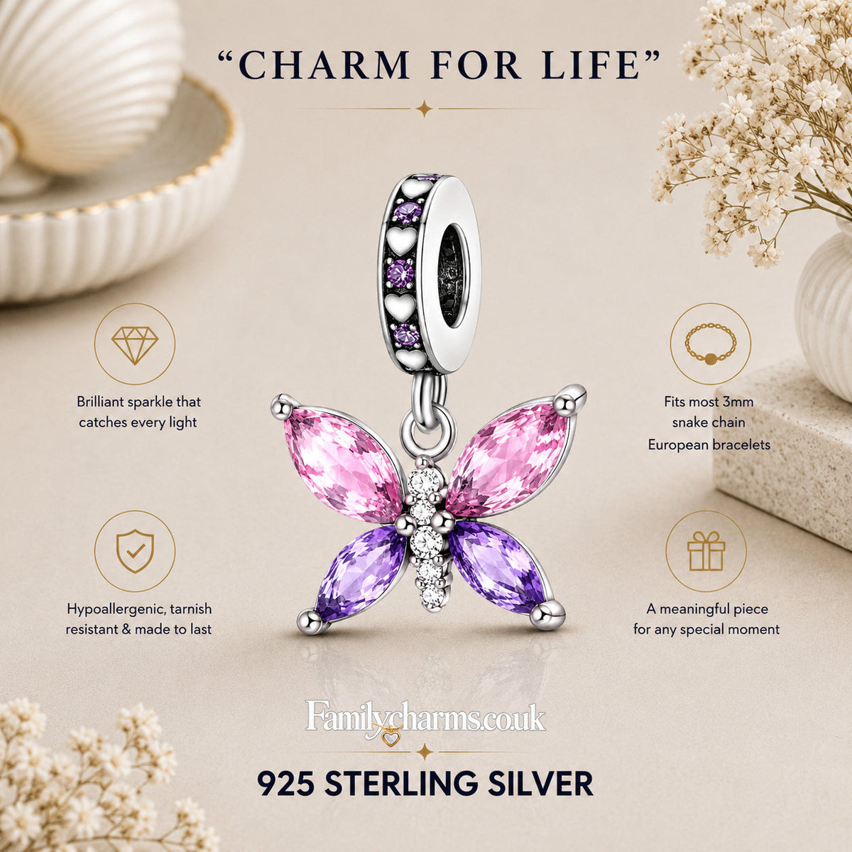 Pink Purple CZ Crystal Butterfly Dangle Sterling Silver Charm Hallmarked S925 for Charm Bracelet and Necklace