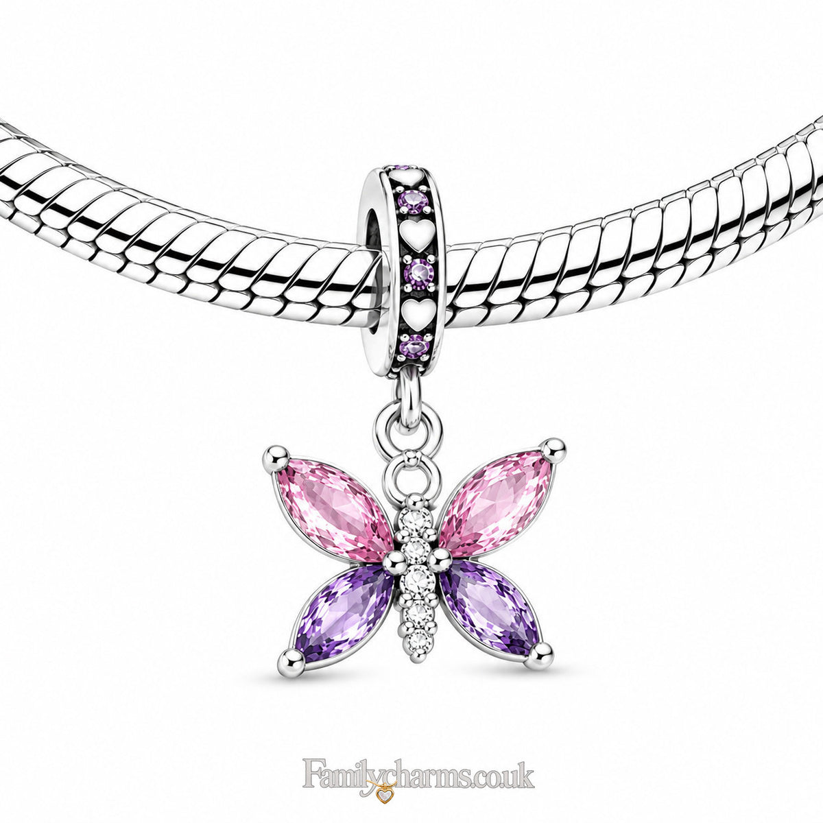 Pink Purple CZ Crystal Butterfly Dangle Sterling Silver Charm Hallmarked S925 for Charm Bracelet and Necklace