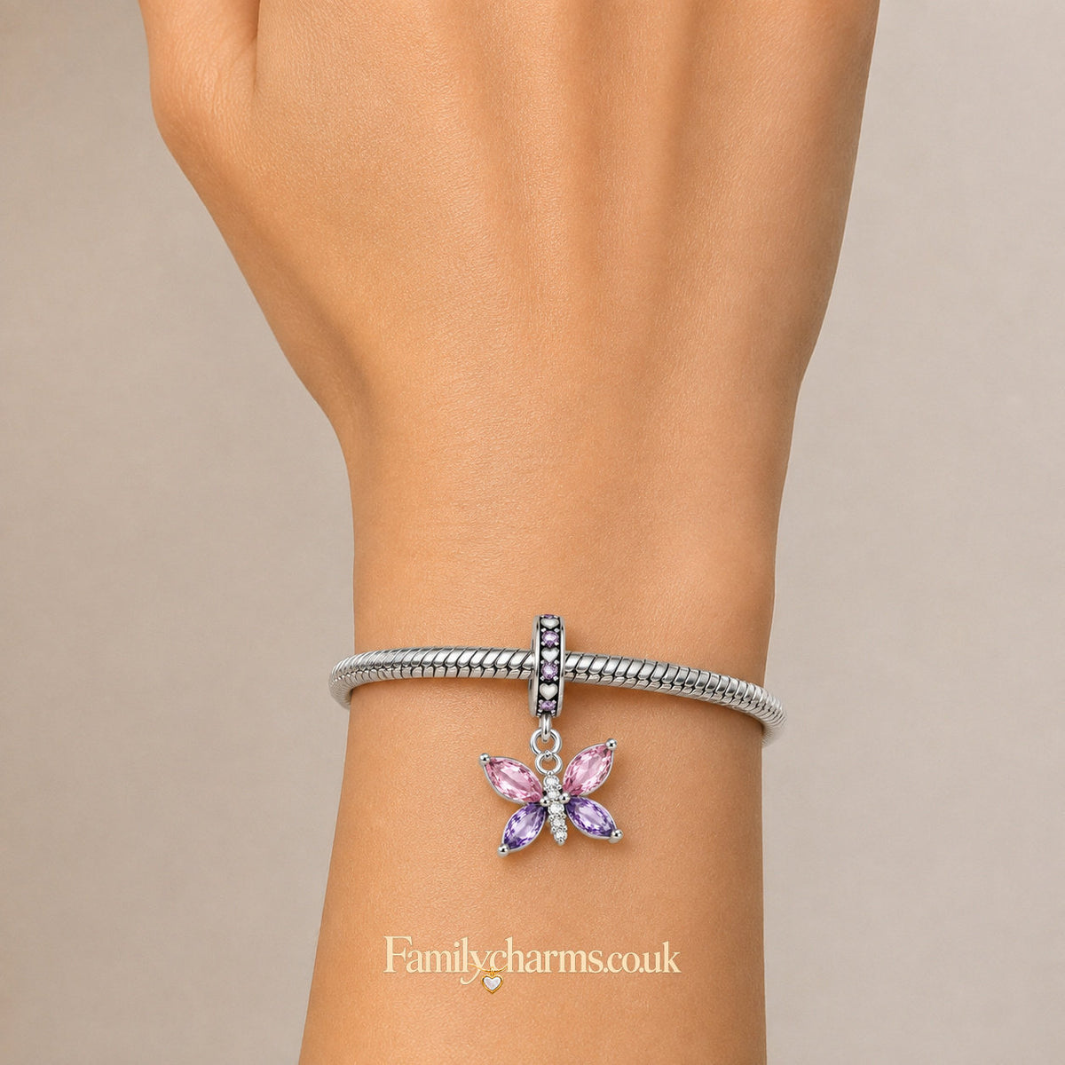Pink Purple CZ Crystal Butterfly Dangle Sterling Silver Charm Hallmarked S925 for Charm Bracelet and Necklace