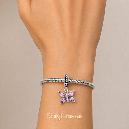 Pink Purple CZ Crystal Butterfly Dangle Sterling Silver Charm Hallmarked S925 for Charm Bracelet and Necklace
