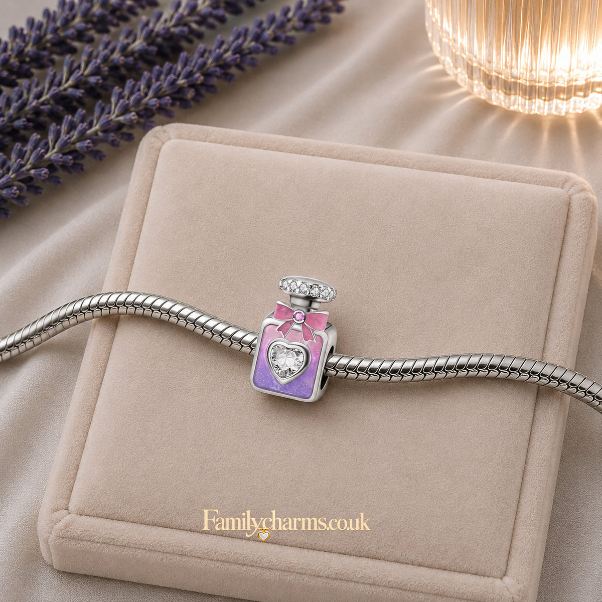Pink & Purple Perfume Bottle With Bow Sterling Silver Charm Hallmarked S925 for Charm Bracelet and Necklace