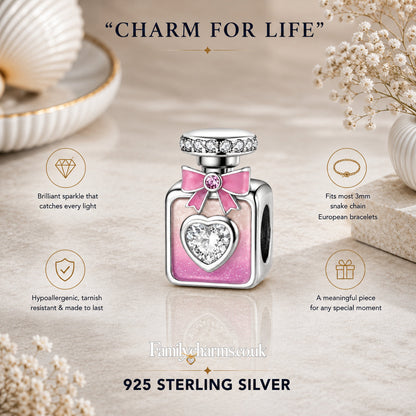 Pink & Purple Perfume Bottle With Bow Sterling Silver Charm Hallmarked S925 for Charm Bracelet and Necklace