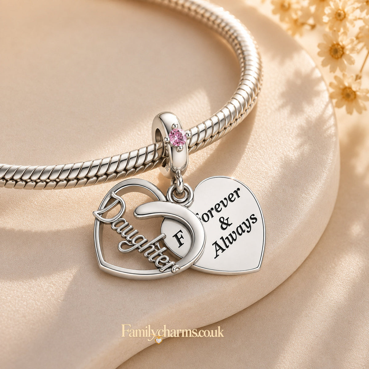 Pink Stone Daughter Dangle Sterling Silver Charm Hallmarked S925 for Charm Bracelet and Necklace