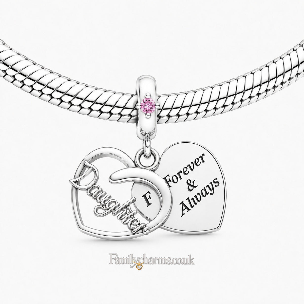 Pink Stone Daughter Dangle Sterling Silver Charm Hallmarked S925 for Charm Bracelet and Necklace