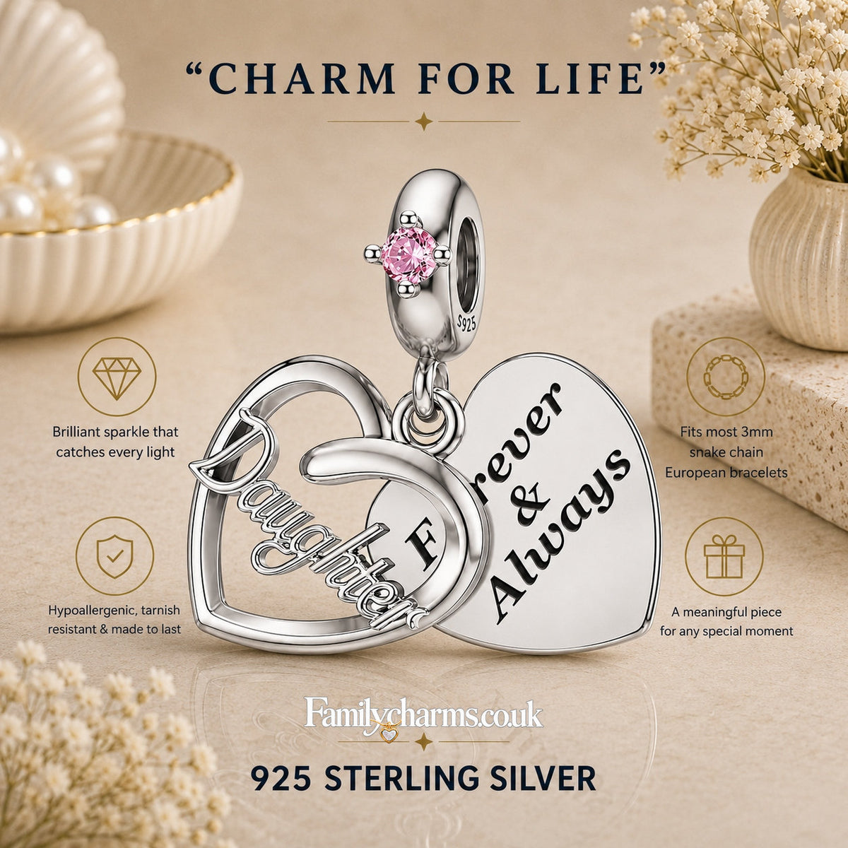 Pink Stone Daughter Dangle Sterling Silver Charm Hallmarked S925 for Charm Bracelet and Necklace