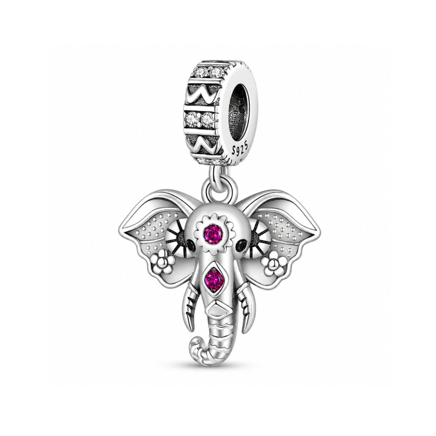 Pink Stone Elephant Dangle Sterling Silver Charm Hallmarked S925 for Charm Bracelet and Necklace