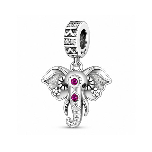 Pink Stone Elephant Dangle Sterling Silver Charm Hallmarked S925 for Charm Bracelet and Necklace