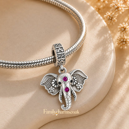 Pink Stone Elephant Dangle Sterling Silver Charm Hallmarked S925 for Charm Bracelet and Necklace