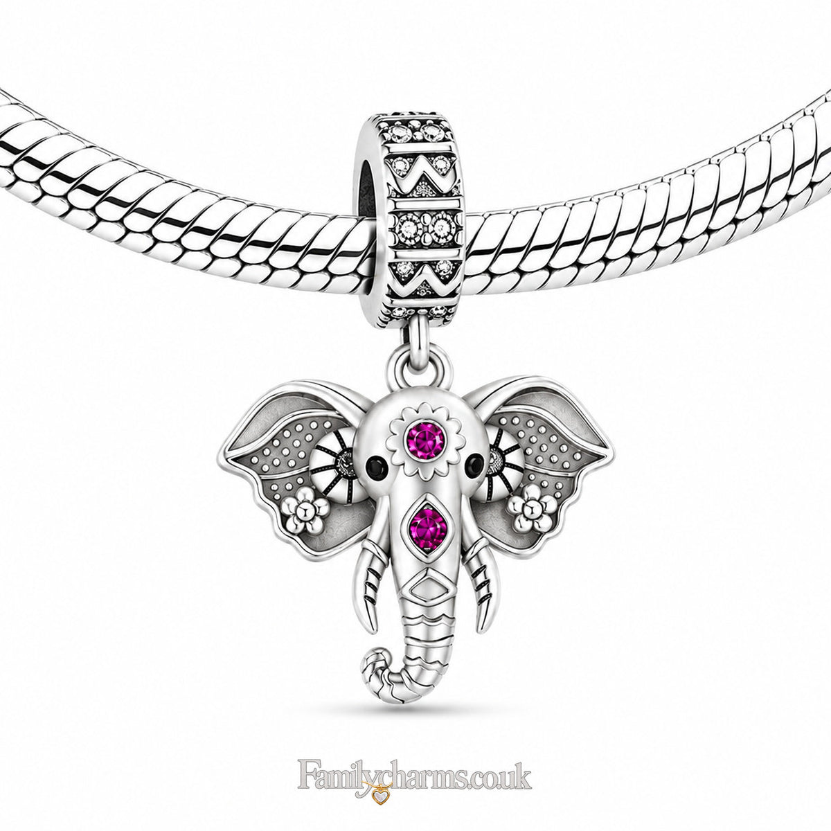 Pink Stone Elephant Dangle Sterling Silver Charm Hallmarked S925 for Charm Bracelet and Necklace