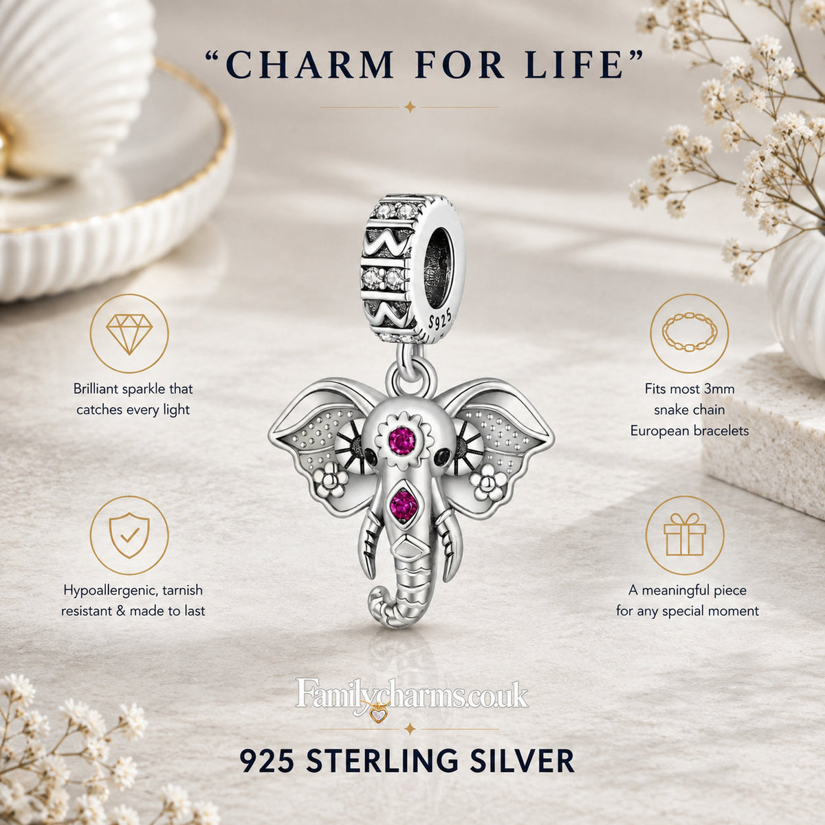 Pink Stone Elephant Dangle Sterling Silver Charm Hallmarked S925 for Charm Bracelet and Necklace