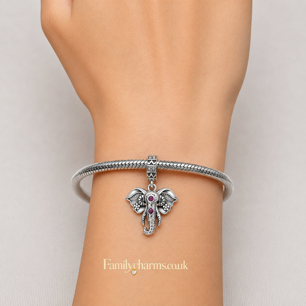 Pink Stone Elephant Dangle Sterling Silver Charm Hallmarked S925 for Charm Bracelet and Necklace