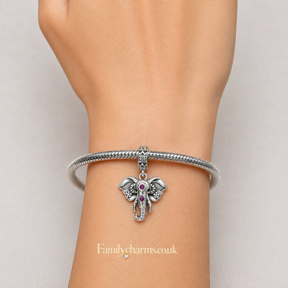 Pink Stone Elephant Dangle Sterling Silver Charm Hallmarked S925 for Charm Bracelet and Necklace