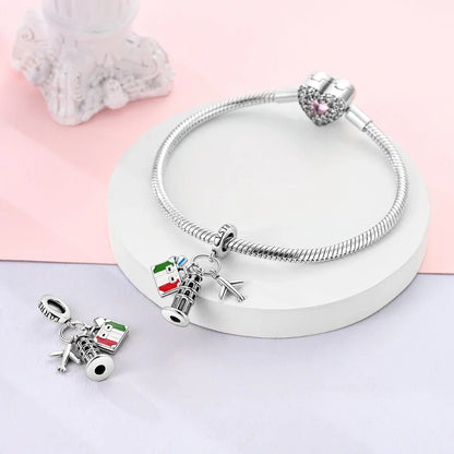 Pizza Italy Landmark Triple Dangle Charm Sterling Silver Charm Hallmarked S925 for Charm Bracelet and Necklace