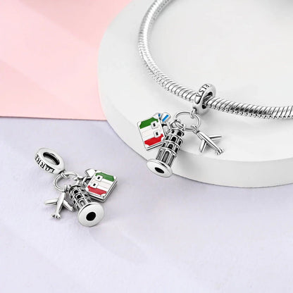 Pizza Italy Landmark Triple Dangle Charm Sterling Silver Charm Hallmarked S925 for Charm Bracelet and Necklace