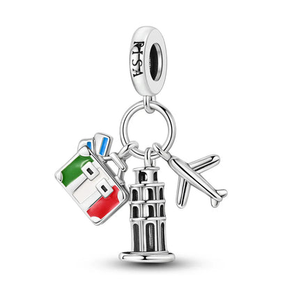 Pizza Italy Landmark Triple Dangle Charm Sterling Silver Charm Hallmarked S925 for Charm Bracelet and Necklace