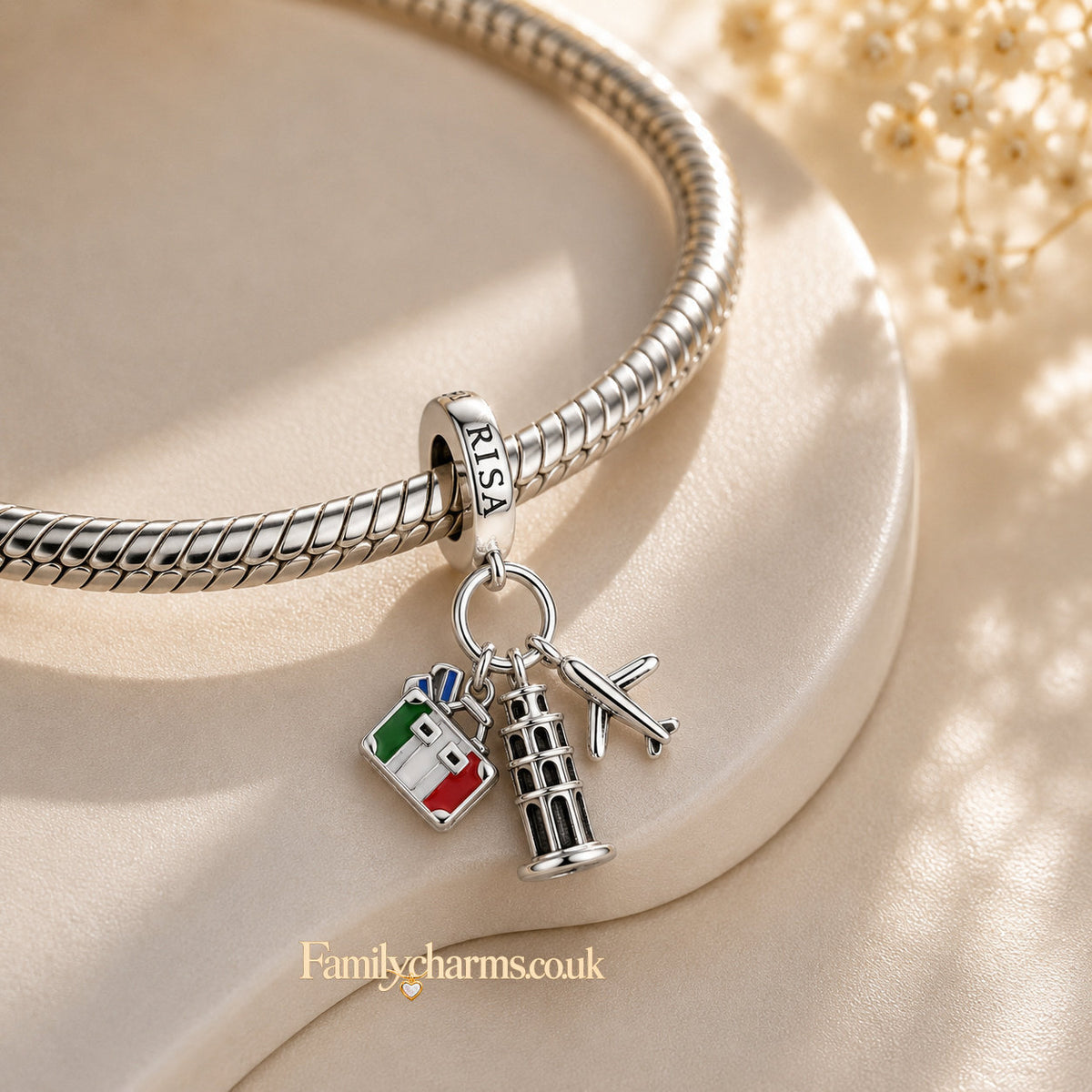 Pizza Italy Landmark Triple Dangle Charm Sterling Silver Charm Hallmarked S925 for Charm Bracelet and Necklace