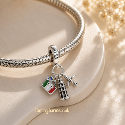 Pizza Italy Landmark Triple Dangle Charm Sterling Silver Charm Hallmarked S925 for Charm Bracelet and Necklace