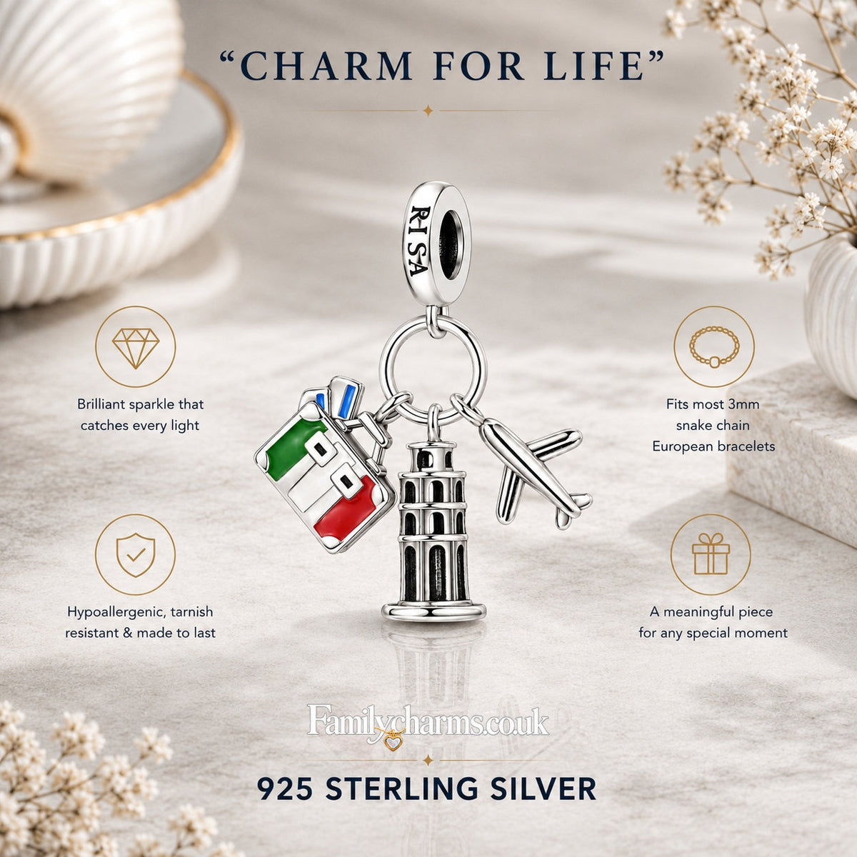 Pizza Italy Landmark Triple Dangle Charm Sterling Silver Charm Hallmarked S925 for Charm Bracelet and Necklace