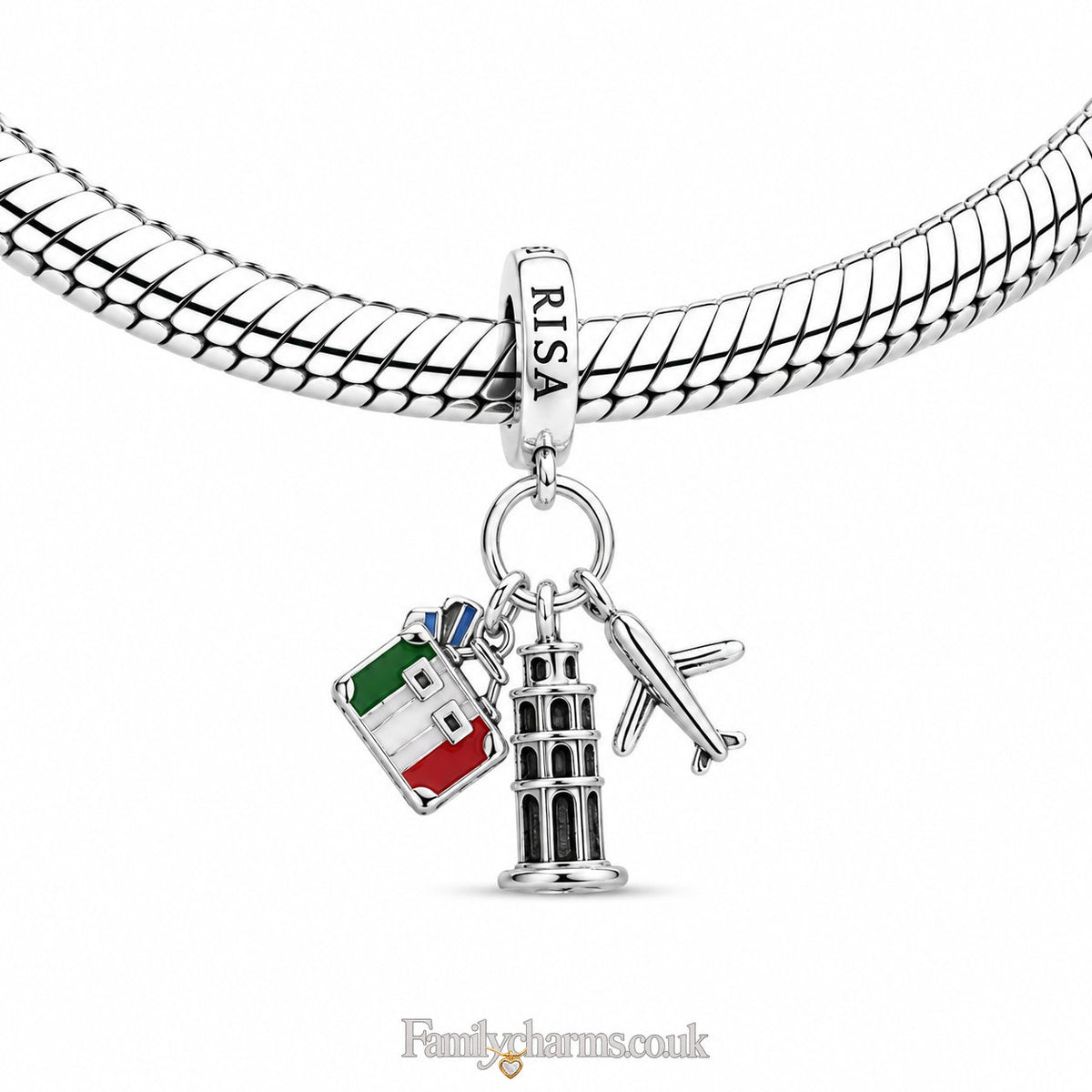 Pizza Italy Landmark Triple Dangle Charm Sterling Silver Charm Hallmarked S925 for Charm Bracelet and Necklace