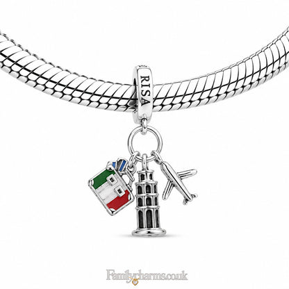 Pizza Italy Landmark Triple Dangle Charm Sterling Silver Charm Hallmarked S925 for Charm Bracelet and Necklace