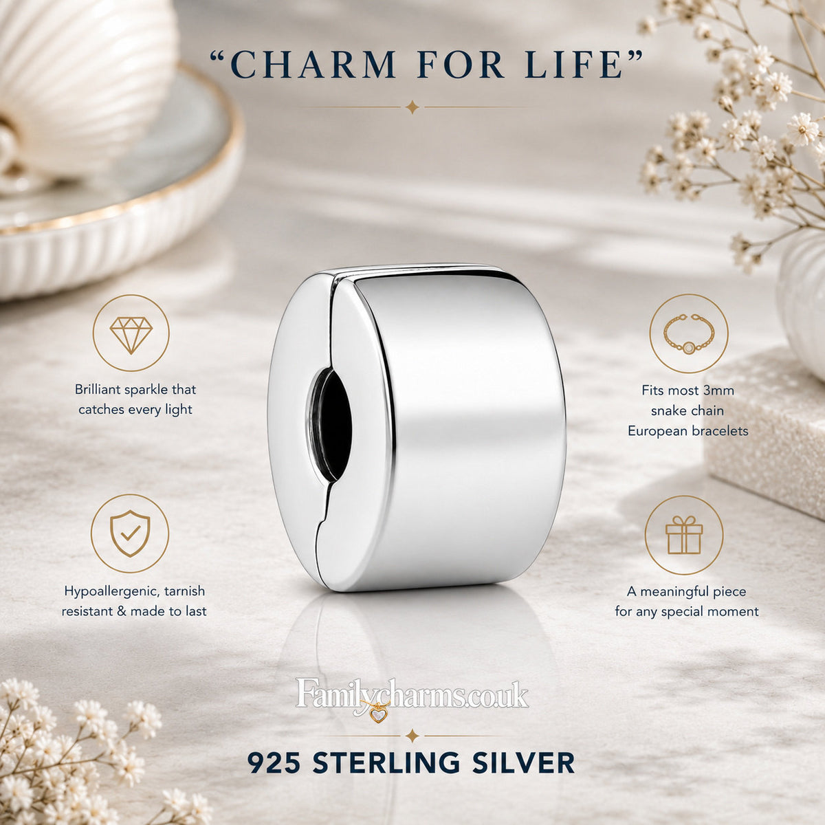 Plain Clip Stopper Charm Hallmarked S925 for Charm Bracelet and Necklace